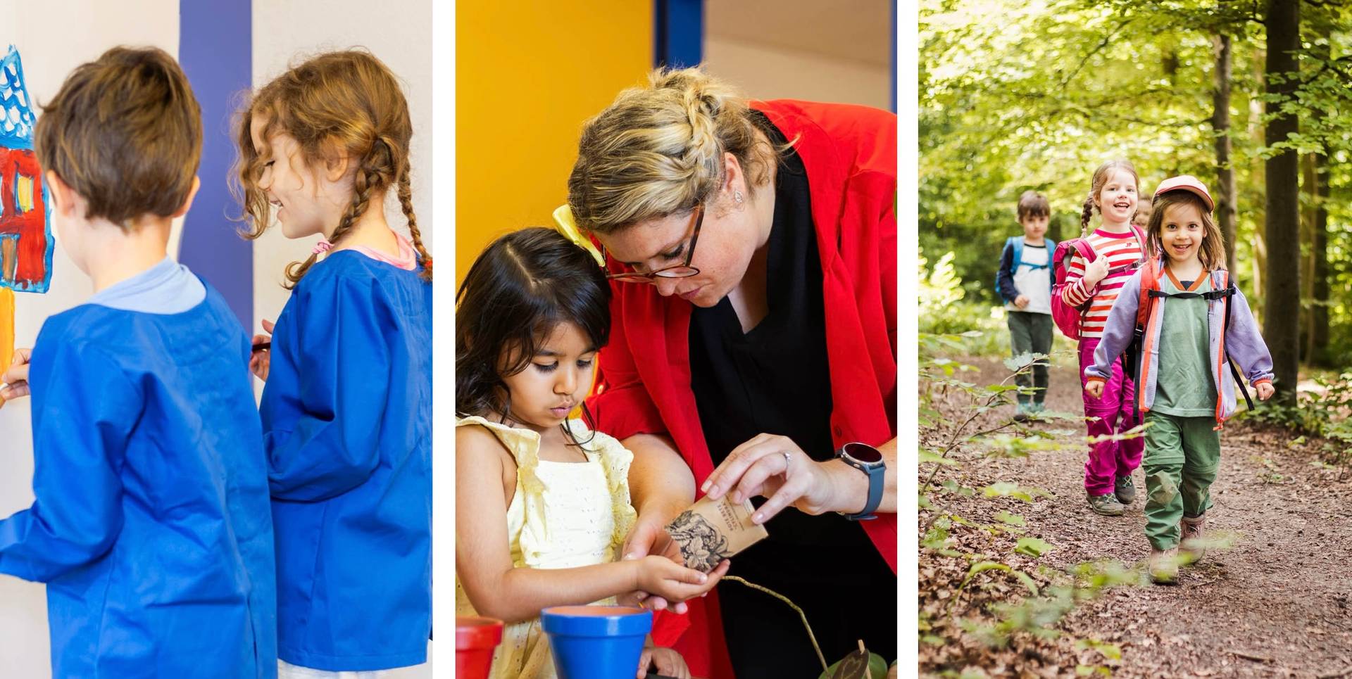 A vertical lay-out of three photos of children at Children First Primary School.  One is showing a boy and girl in blue aprons painting art on a board, the second is showing a teacher pooring seeds from a carton bag in the hands of a young girl who is preparing to plant them in a blue flower pot, and the third image shows two girls and a boy with backpacks in the forest walking happily on a trail