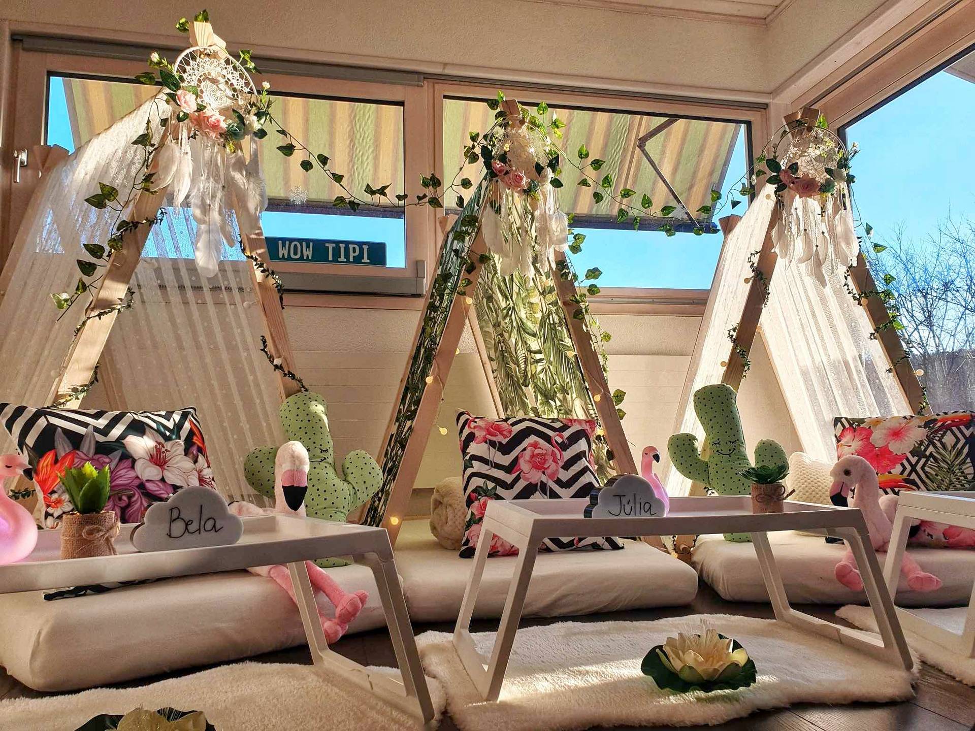 A birthday party tipi-tent setup at a client's home, by wow tipi