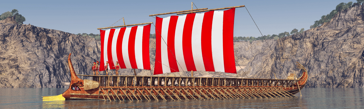 A digital image of an Ancient Greek ship with sails open, at Herakleidon Museum in Athens