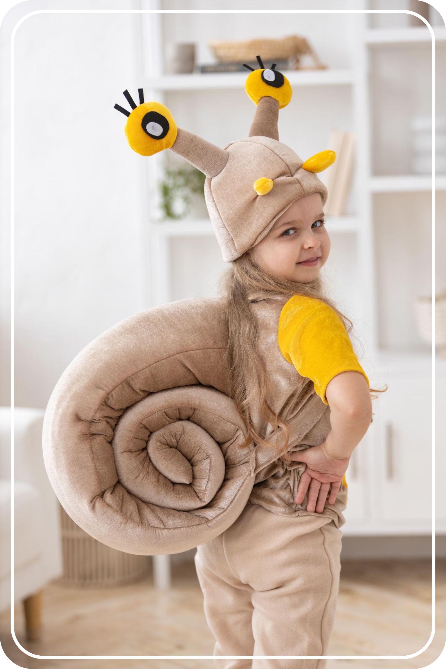 A primary school girl wearing a browin and yellow snail costume ready for halloween from Etsy