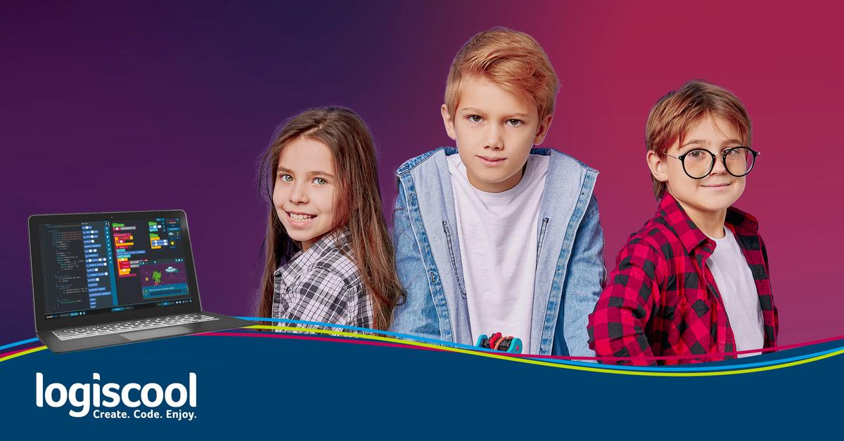 Three teens including a young girl, preparing to begin a game-programmin themed birthday party organized by Logiscool in Zurich, Switzerland.  