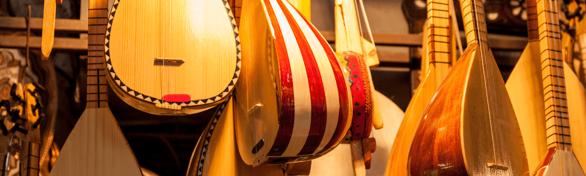 Folk string instruments including bouzouki and baglama at the Mouseio Ellinikon Organon