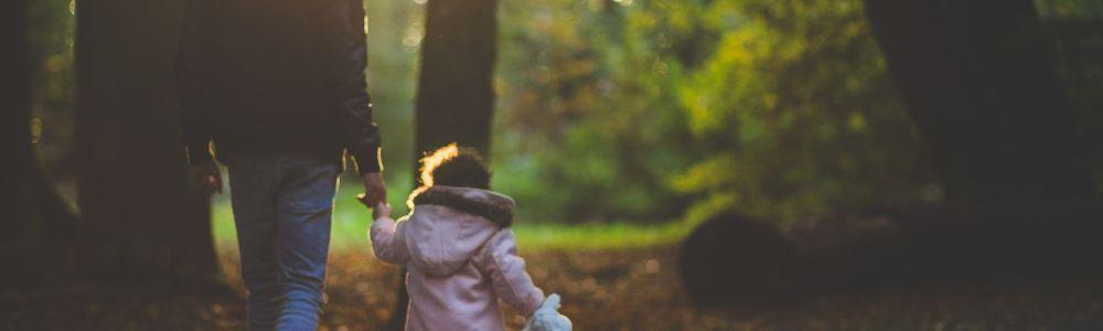 A father and his daughter in pre-school years are woking together in the woods holding hands and connecting in nature simply by enjoying the moment.  