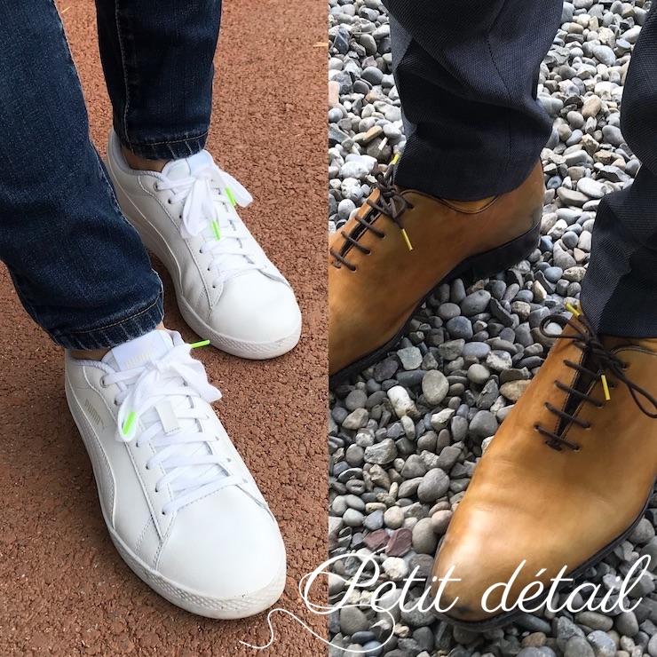 A photo of 2 pairs of shoes being worn in a casual and more formal look with the petit detail shoe laces, perfect touch for originality and color for little and big feet.  An online shop to order organic cotton and waxed shoe laces in Zurich, Switzerland.  