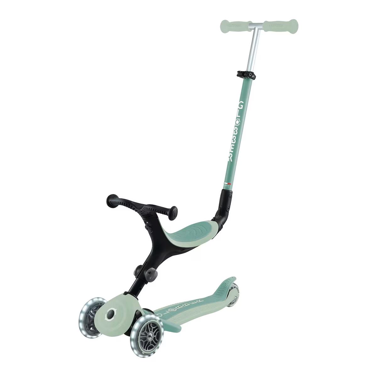 Globber GO-UP 3-in-1 ECO – Sitz zu Scooter, verriegelbare Lenkung, LED-Rollen, Farbe Pistazie, wächst mit ab ca. 15 Monaten.