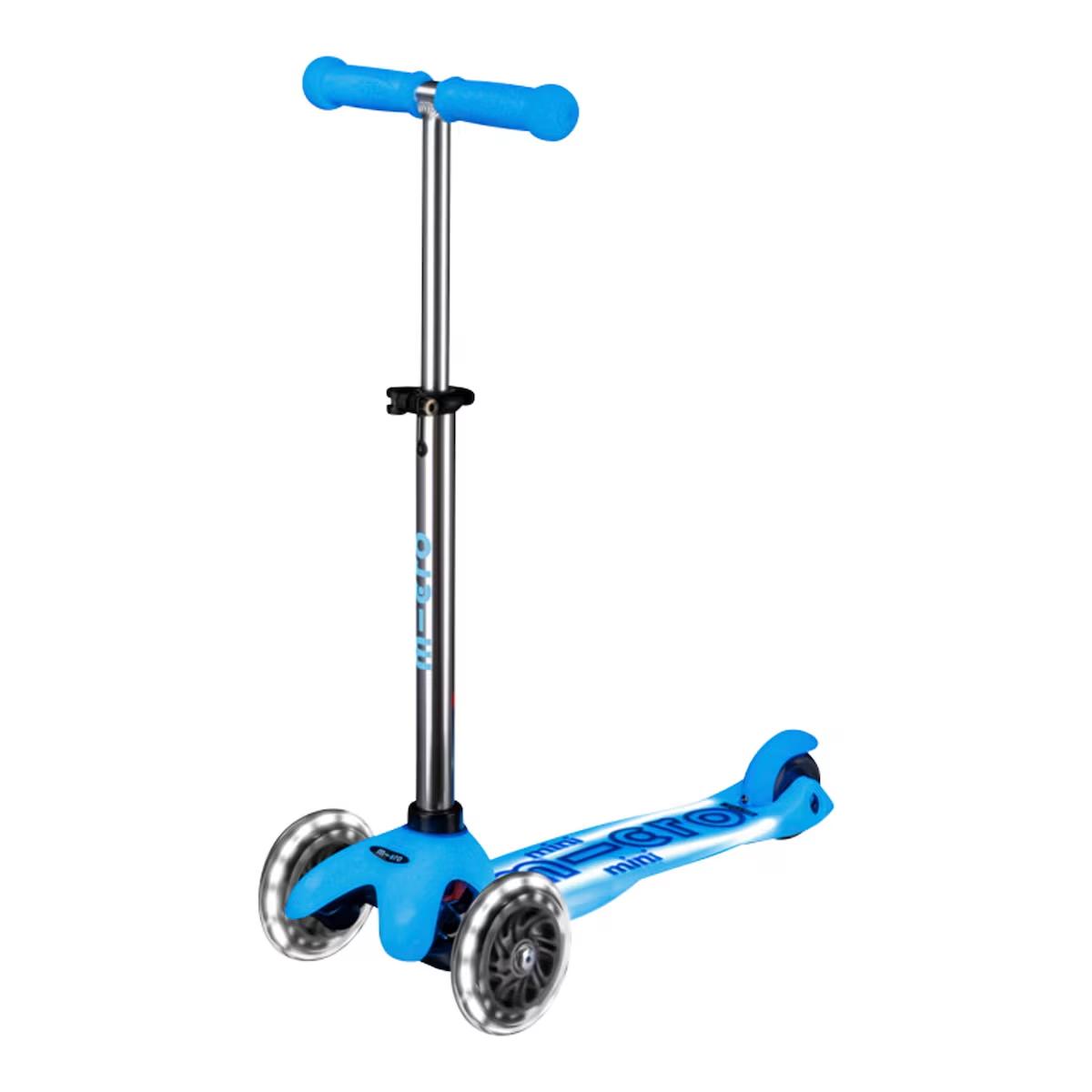 Mini Micro Deluxe Glow LED Plus – 3-rad Scooter mit LED-Rädern und leuchtendem Deck, Arctic Blue, verstellbarer Lenker.