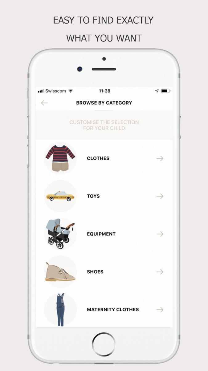 An image of the categories of pre-loved items sold on the petit marche app, available on app store and google play. 