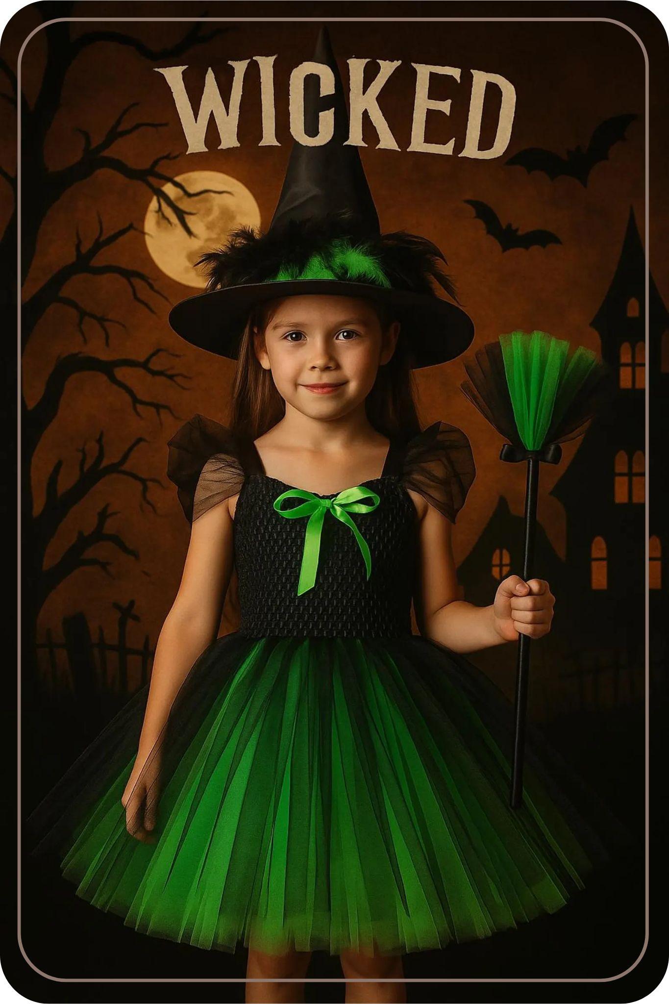 A young girl of primary school age is dressed up as Gallinda from Wicked, with a broom stick in her hand.  The background is night with a full moon, ready for Halloween.