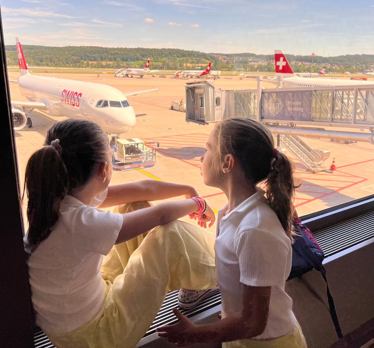 View of airplanes from the children's nursery at Zurich airport