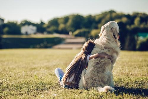 girl dog hugging countryside