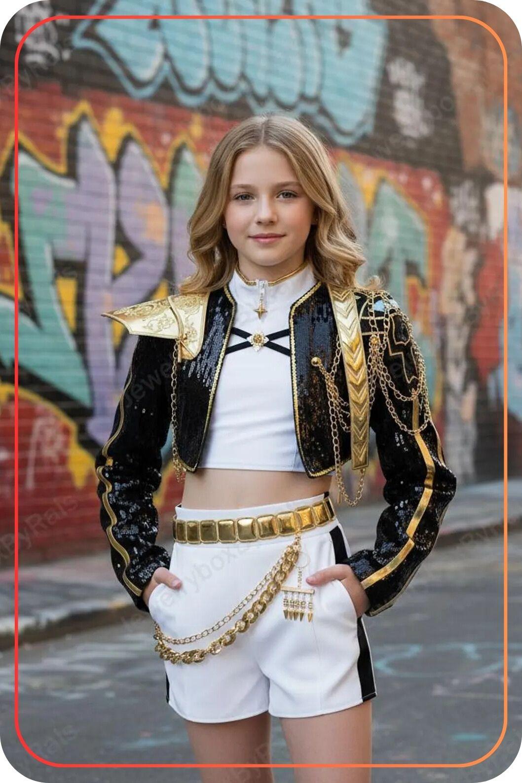 A teenage girl dressed up in a kpop demon hunter costume, as a huntrix member. She is blond and she is standing with hands in her pockets in front of a graffiti wall by the street.  
