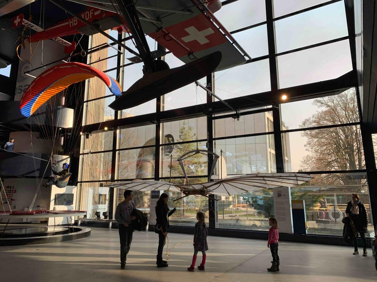 Types of flying machines and planes throughout history, on display at the Luzern Transport Museum, Switzerland.