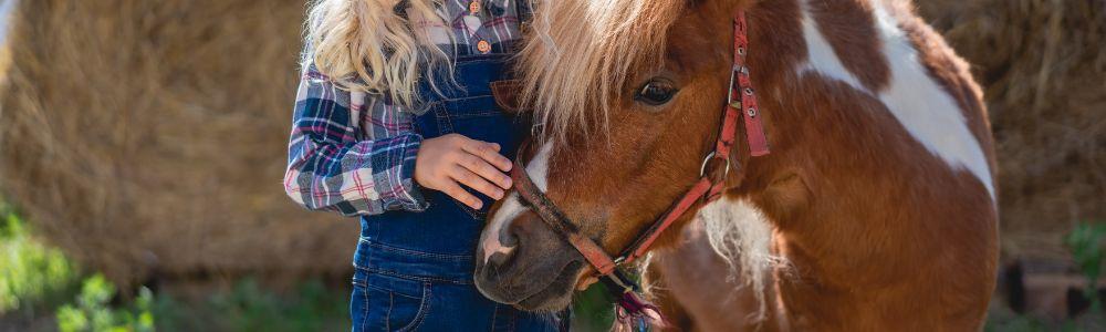 A close-up of a girl under 10 years old stroking the nose of pony at the therepeutic center Magic Garden in Rafina, in Greece.