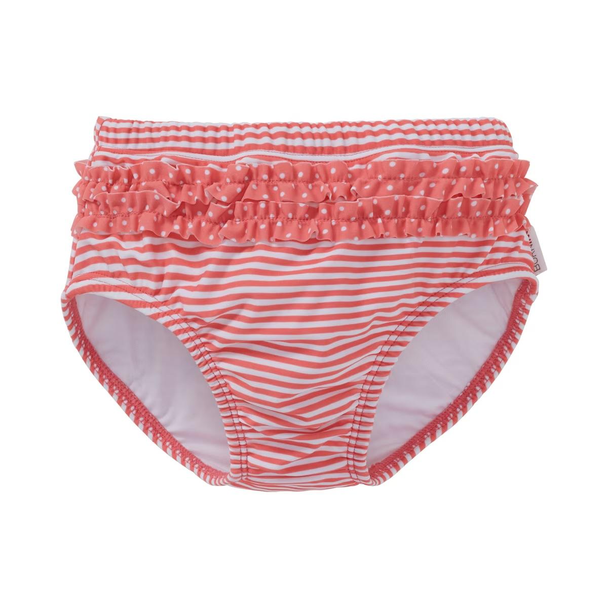 A girls baby swimming costume.  It has white and pink stripes and includes a diaper, for swimming with kids in the pool. It is available at babymarkt.com.