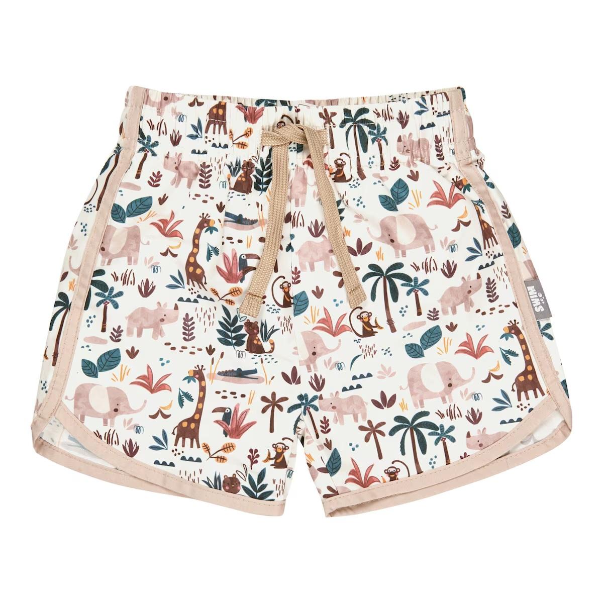 A pair of safari-patterned baby shorts integrated with a diaper for swimming in poos with kids, available at Babymarkt.com