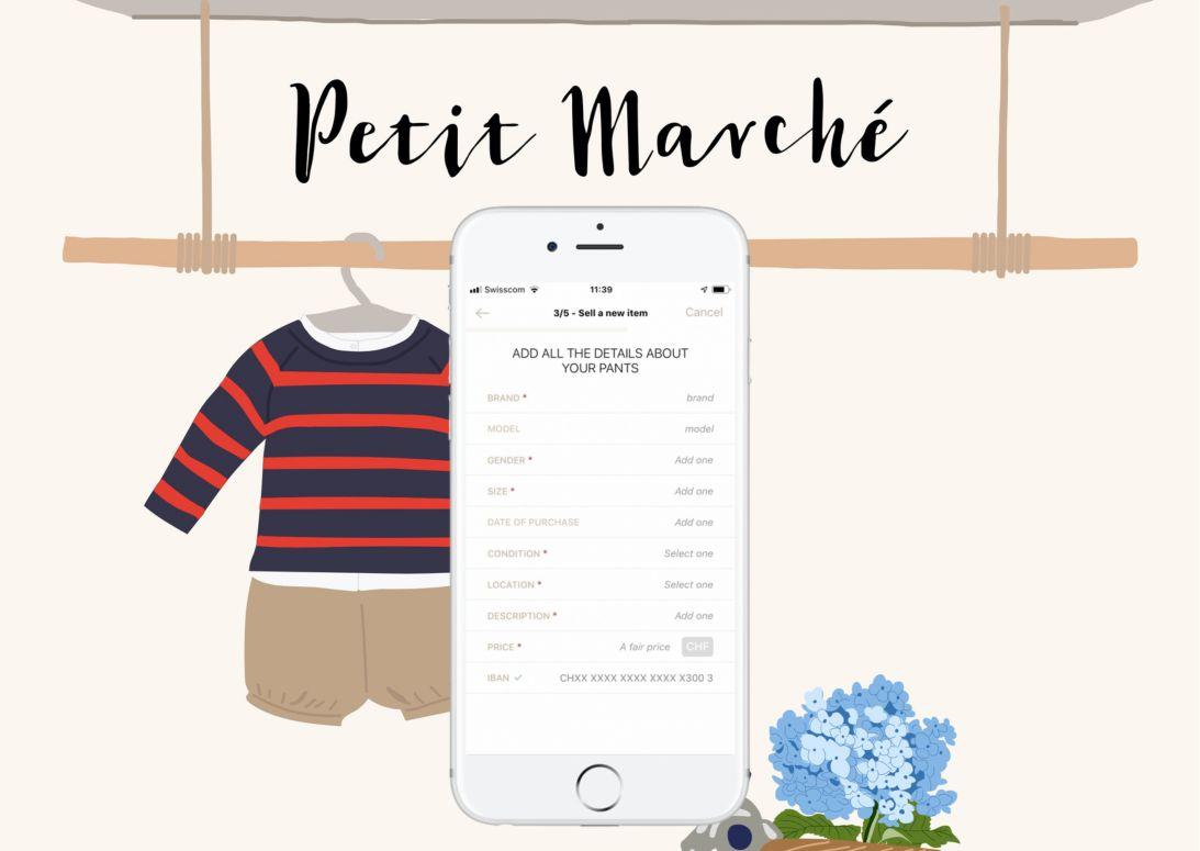 An image of the input page of pre-loved children's items sold on the petit marche app.