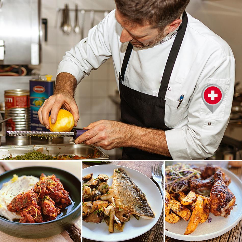 The chef of Allcook, the artisanal food delivery service in Geneva Switzerland, is grating lemon zest over pots cooking warm delicious meals for parents and mothers who have new bsbies and do not have time to cook.  