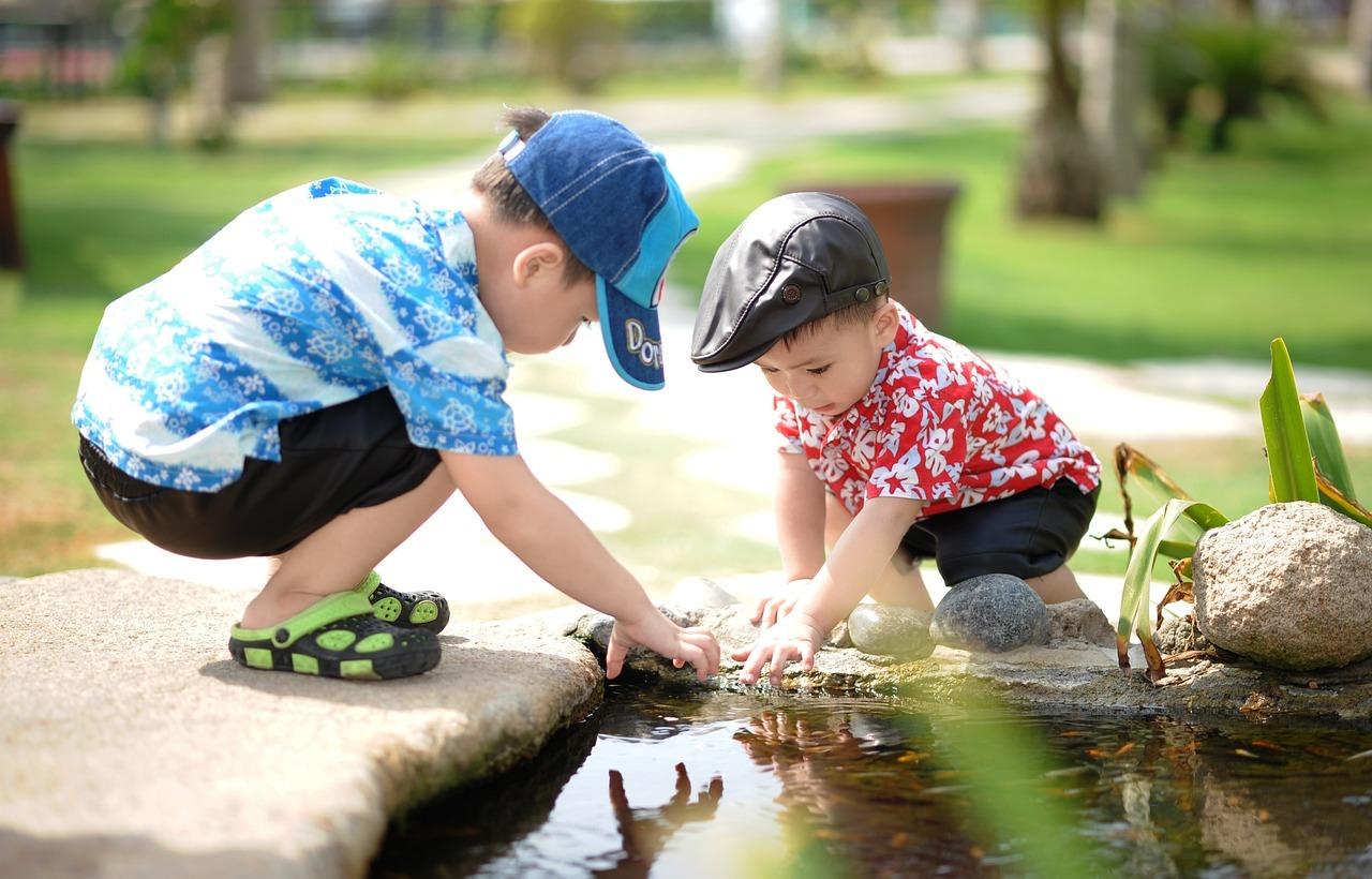 Zwei Jungen im Vorschulalter erkunden die Natur und die Tiere des Reservats auf Mallorca, einer großartigen Region für Familien, um gemeinsam die Natur zu erkunden und zu erleben.