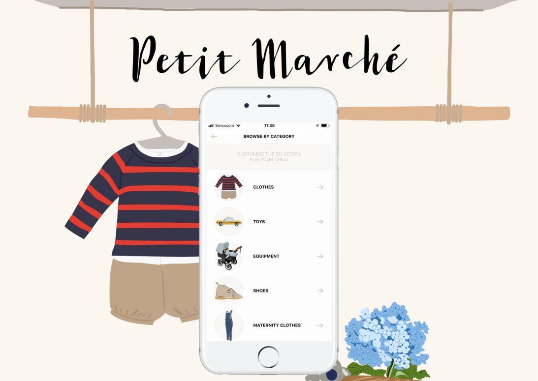 An image of the categories of pre-loved items sold on the petit marche app, available on app store and google play.