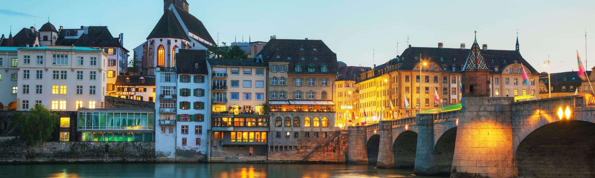 An early evening photograph of the old town and bridge in Winterthur, Switzerland.  A place full of fun things to do with kids