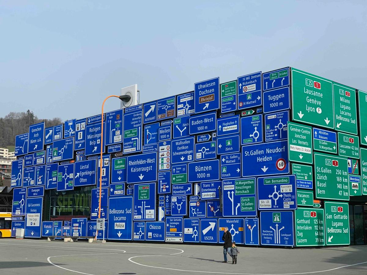 A giant outdoor display of all the different types of signs and road indicators from all over Switzerland at the Luzern Transport Museum, Switzerland.