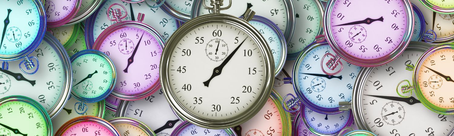 A collage of colored stop watches with a vintage look and feel referring the the blog post on Momizen about teaching children the concept of time, and how parents can do so without using clocks.