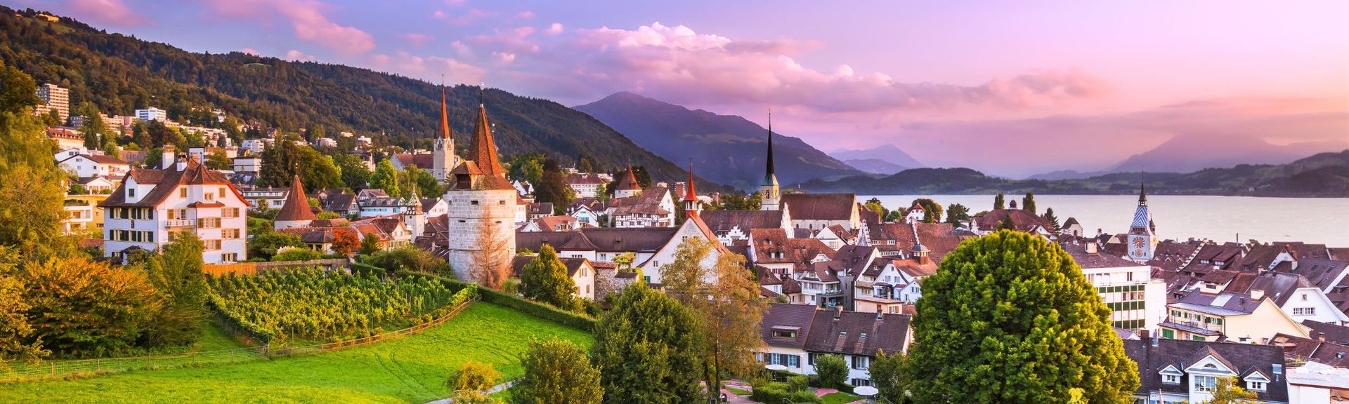 Scenic View of Zug Old Town and Lake Zug at Sunset right after a rainy day