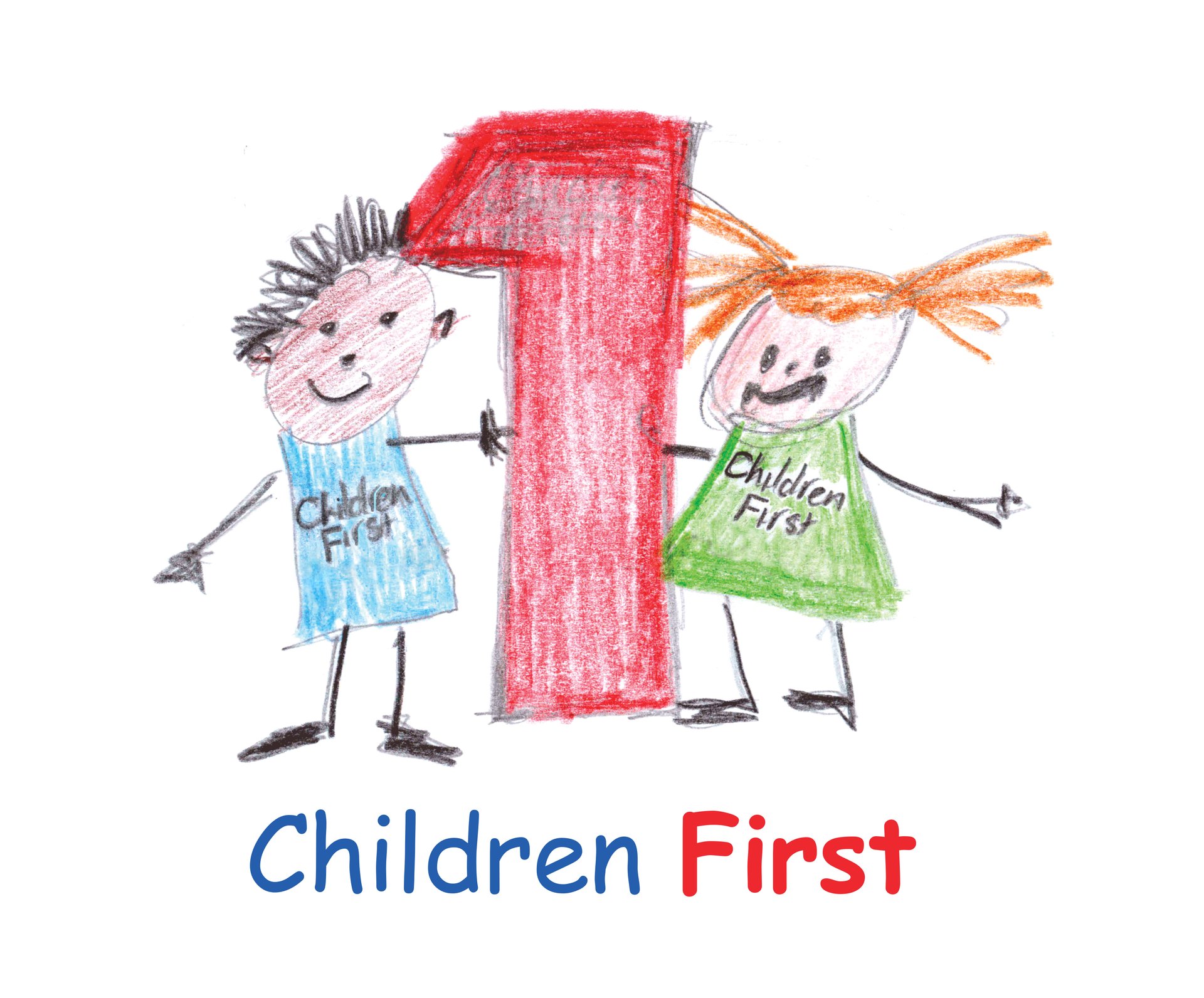 The colorful logo of Children First Primary and Bilingual School in Zurich.  It is hand drawn with crayons and places a large red number 1 between a hand-draw boy in blue clothes and a girl in green clothes