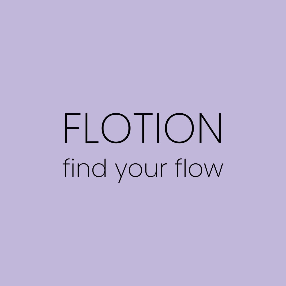 Logo: black capital letters for FLOTION, underneath the slogan find your flow, with lilac background