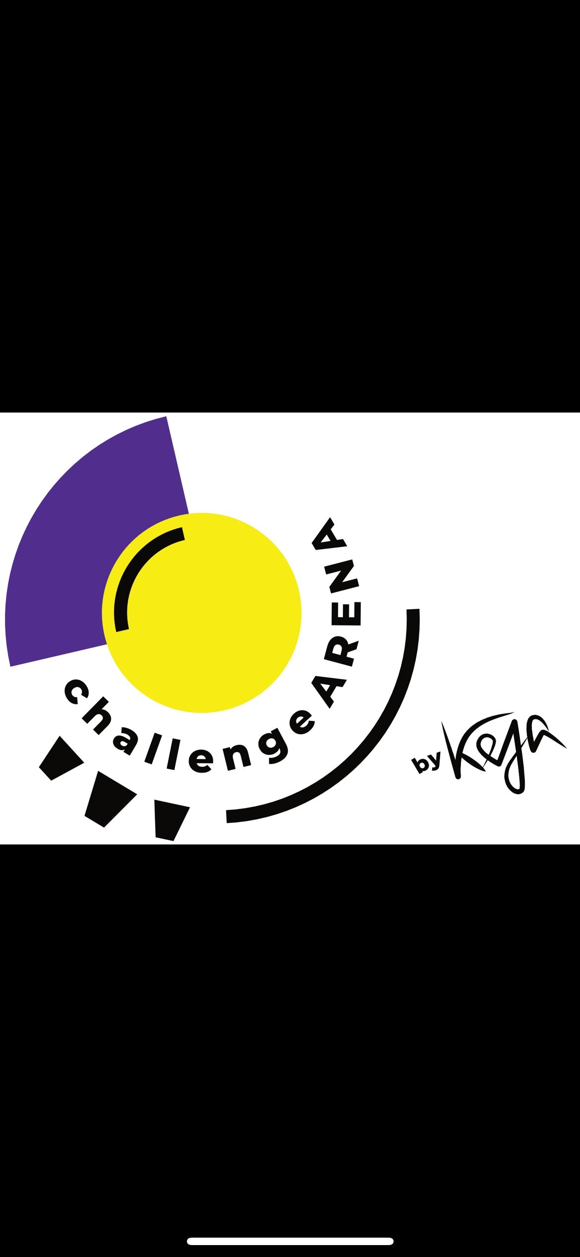 The challenge arena logo in yellow, black and purple on a white background, a trampoline park, laser tag and game hall in Wangen, in Canton Schwyz in Switzerland. 