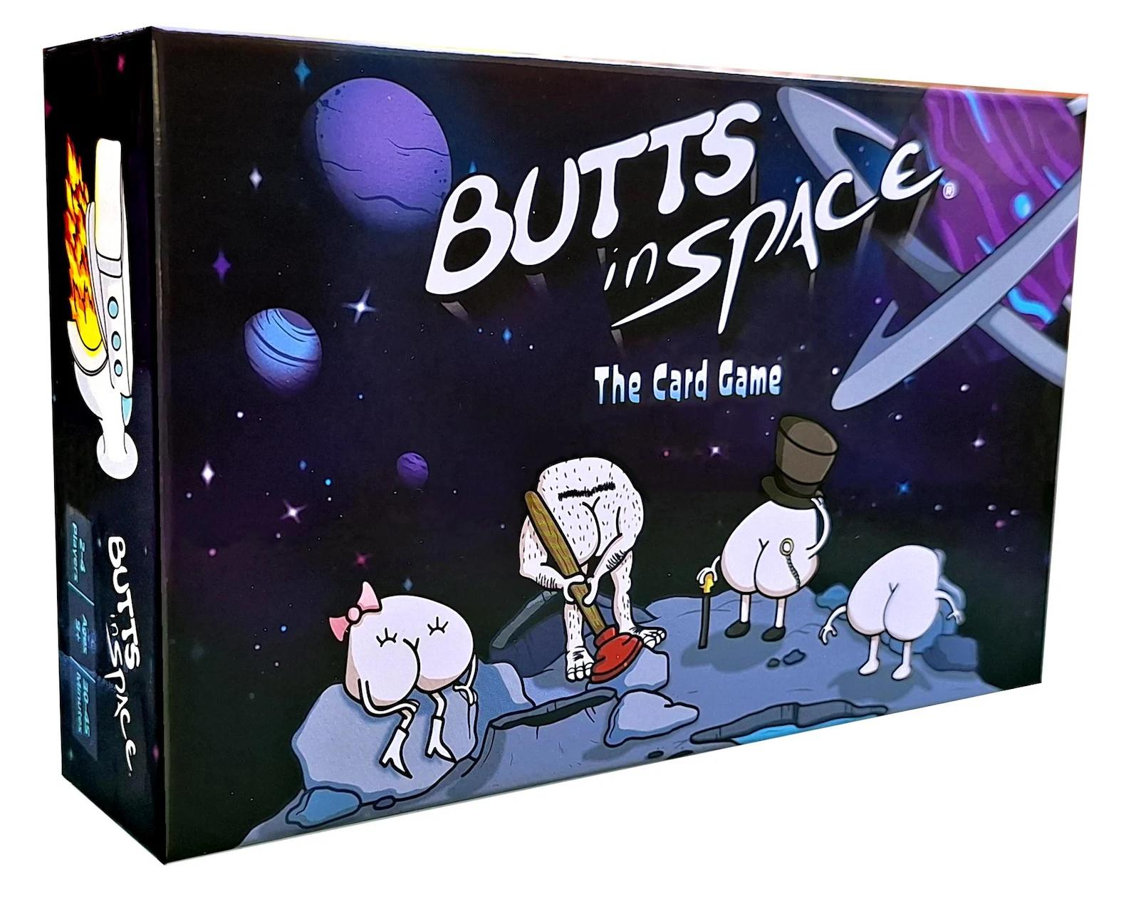 Schachtel des Familienkartenspiels «Butts in Space» mit Comic-Planeten – witziges Geschenk als Füllung für grössere Adventstürli.