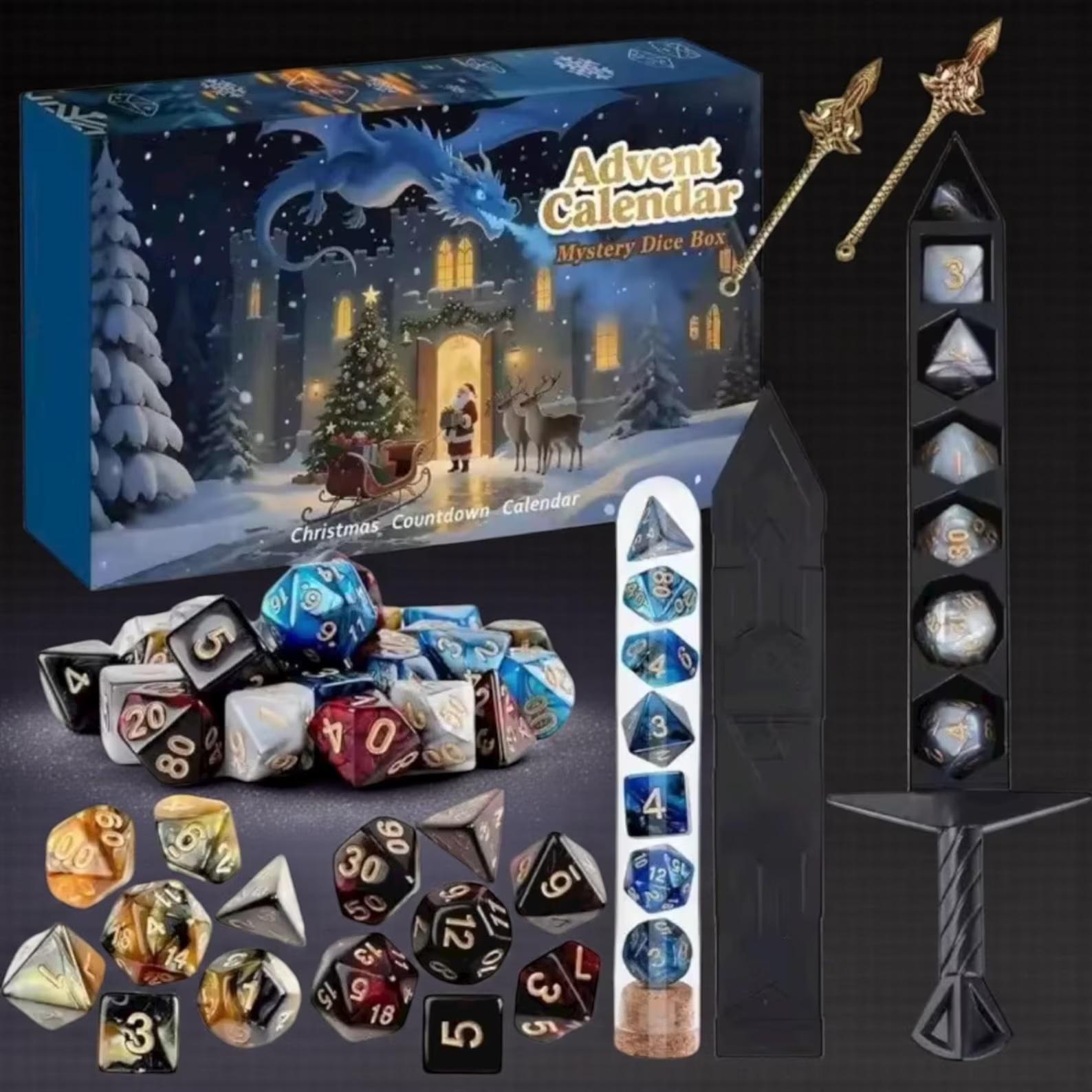 Fantasy-Adventskalender mit 24 Überraschungs-Würfeln für Rollenspiele (Polyhedral Dice) – farbige Metall/Harz-Würfel in Schwert-/Turmverpackung, ideal für D&D-Fans und Teens.