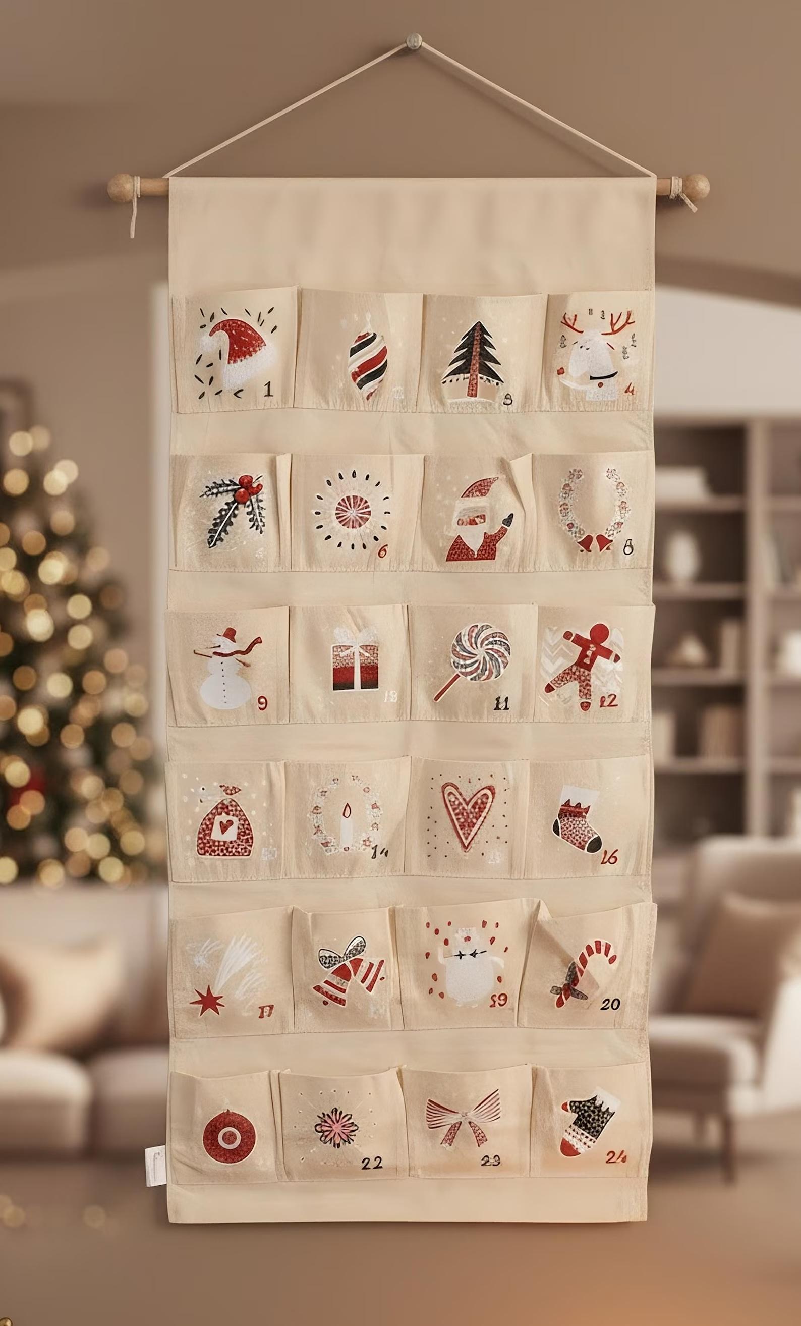 Wand-Adventskalender aus Stoff mit 24 Taschen, beige mit roten Weihnachtsmotiven (Mütze, Tanne, Lebkuchenmann) – zum Befüllen für Kinderzimmer/Wohnzimmer.