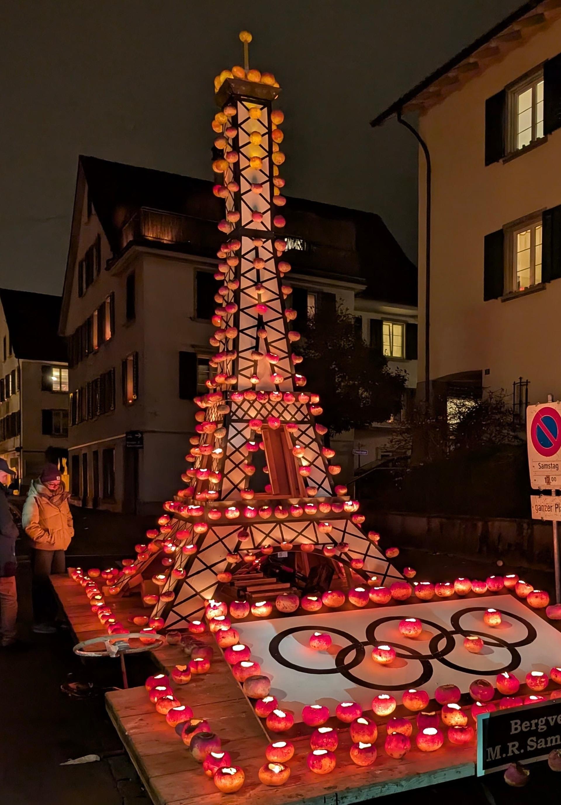 The Eiffel Tower at the Raebeliechtli parade in Richterswil, Switzerland in November 2024. A turnip festival where turnips are carved into lanterns and used to build intricate structures that parade the streets of Richterswil, in Canton Zurich.