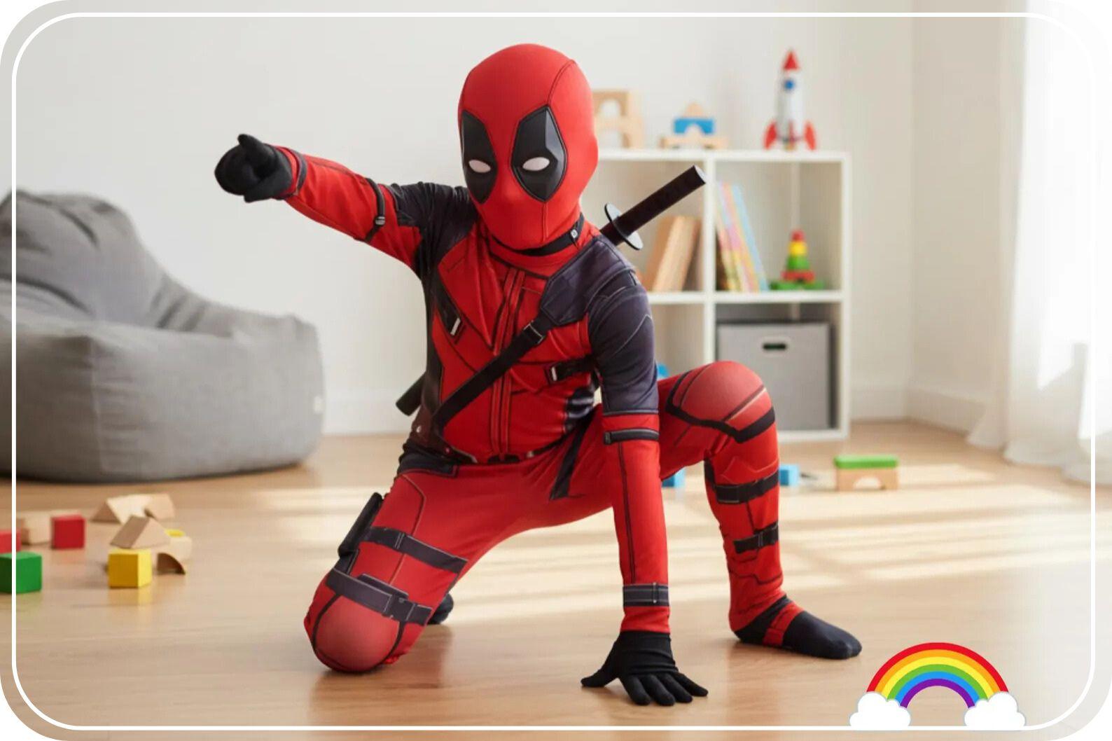 A young boy is wearing a spiderman costume with sword and mask. He is in his sun-lit room on one knee performing the signature spiderman move, ready for Halloween