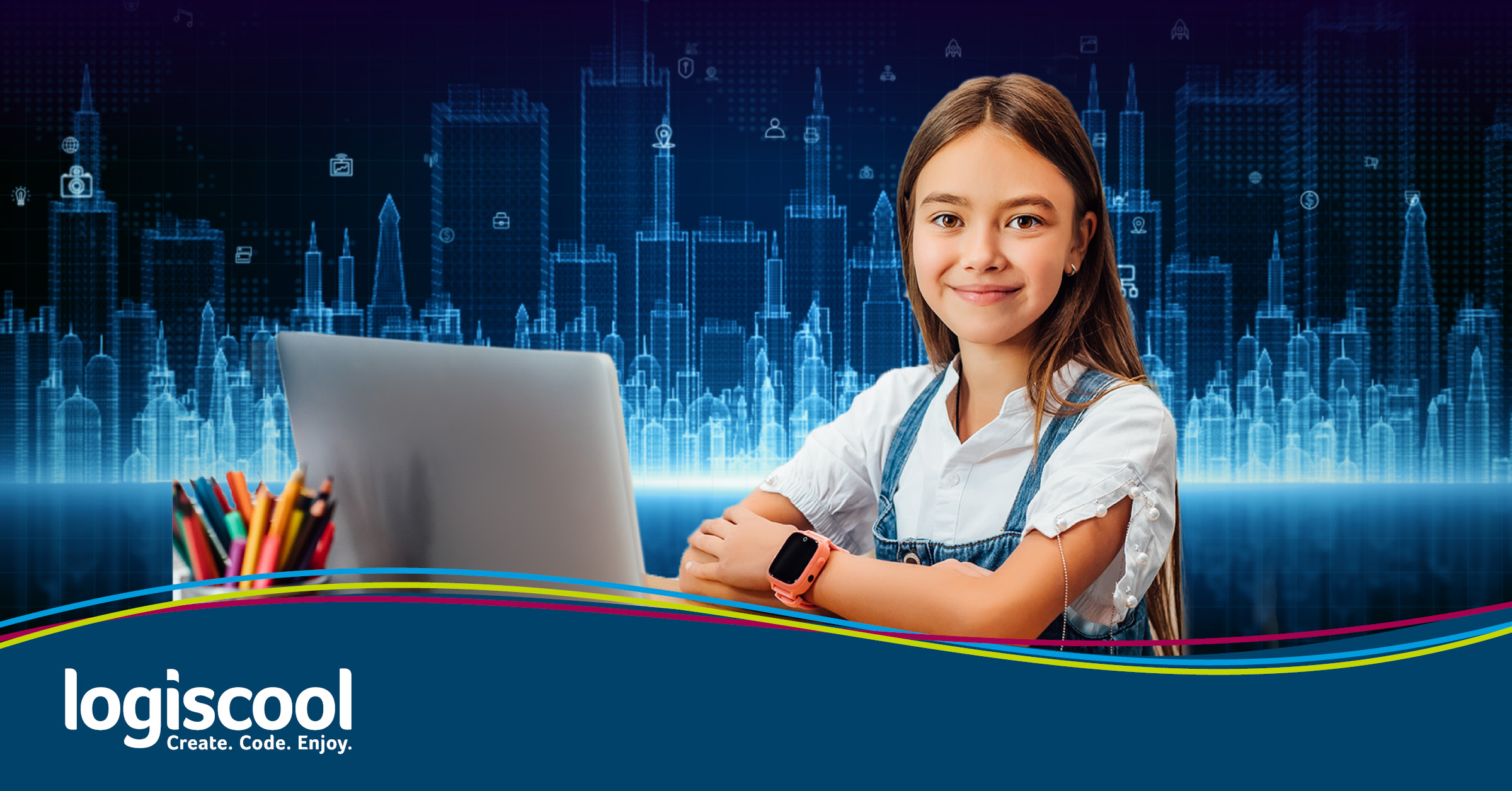 A young teen in front of laptop getting prepared for using coding and AI in the future.  The background is blue with 0's and 1's sliding down.  