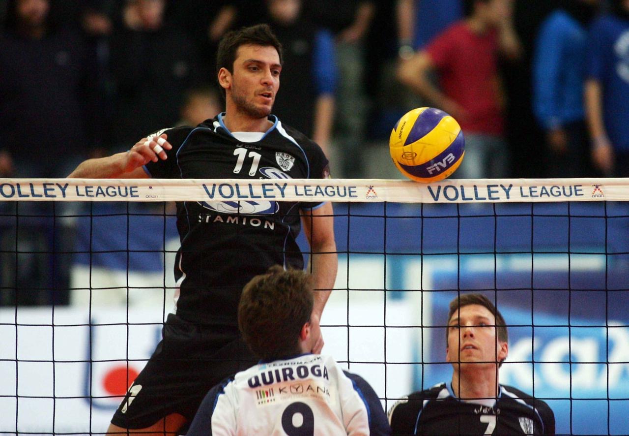 Professional Volleyball player Nikos Karayiannis in action in an international game.  