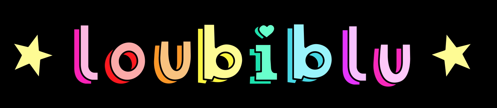 A rainbow colored logo of Loubilou on a black background, the i is dotted with a turqoise heart.  